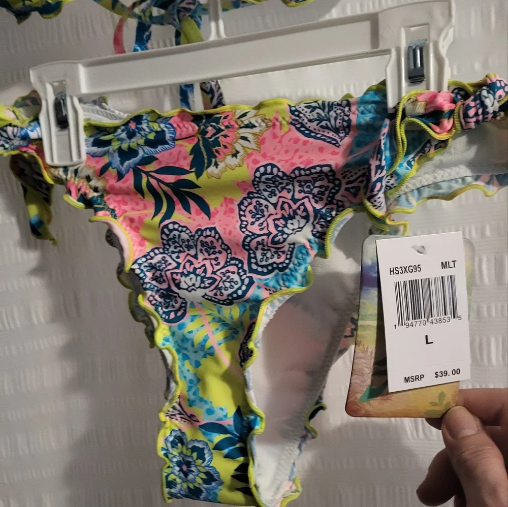 NWT Hobie bikini  Padded top side tie bikini bottom Tropical  Size Large. Ruffle - Picture 3 of 14